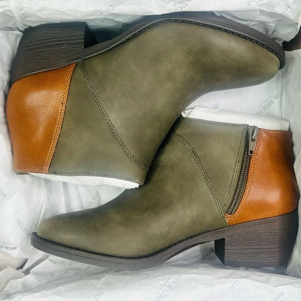 Melrose Avenue Speed Dial Vegan Leather Ankle Booties - Olive/Cognac - Size 7.5